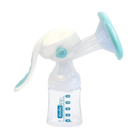 Un Manuel DODIE Tire-lait avec un récipient en plastique transparent marqué de lignes de mesure jusqu'à 150 ml. Il a une poignée bleu sarcelle et blanche et une ventouse bleu sarcelle. Le nom de la marque « dodie » est visible sur le contenant en lettres bleues.
