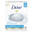 Un emballage DOVE Savon Gentle Exfoliating Beaute Bar 100 g comprenant 8 barres de savon « exfoliant doux » avec crème hydratante. Le devant de la boîte présente l'image d'un pain de savon avec des perles exfoliantes sur un fond en tissu blanc. L'emballage le présente comme une marque n°1 recommandée par les dermatologues.
