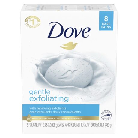 Un emballage DOVE Savon Gentle Exfoliating Beaute Bar 100 g comprenant 8 barres de savon « exfoliant doux » avec crème hydratante. Le devant de la boîte présente l'image d'un pain de savon avec des perles exfoliantes sur un fond en tissu blanc. L'emballage le présente comme une marque n°1 recommandée par les dermatologues.