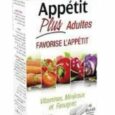 Une boîte de complément alimentaire « Appétit Plus Adultes ». Le devant de la boîte présente des images de divers légumes, indiquant qu'ils favorisent l'appétit grâce aux vitamines, aux minéraux et au fenugrec. Il contient 45 gélules et est produit par Eric Favre Laboratoire.