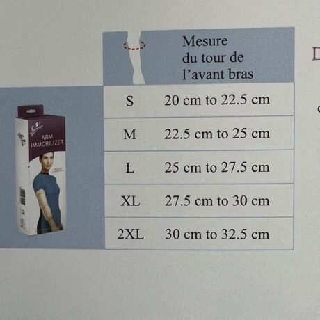 Un tableau des tailles pour un immobilisateur de bras en français. Les tailles sont répertoriées dans un tableau : S (20-22,5 cm), M (22,5-25 cm), L (25-27,5 cm), XL (27,5-30 cm) et 2XL (30-32,5 cm). Le tableau contient également une image encadrée du produit d’immobilisation du bras. Les mesures concernent la circonférence de l'avant-bras.
