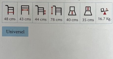 Graphique affichant les dimensions et le poids d'une chaise. Largeur : 48 cm, 43 cm, 44 cm ; Hauteur : 78 cm ; Largeur du dossier : 40 cm ; Largeur d'assise : 35 cm ; Poids : 16,7 kg. Le mot « Universel » apparaît dans un rectangle bleu.