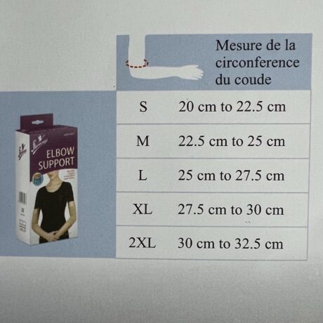 Un tableau des tailles pour un produit de coudière en français et en anglais est présenté. Il comprend les mesures de taille S (20 cm à 22,5 cm), M (22,5 cm à 25 cm), L (25 cm à 27,5 cm), XL (27,5 cm à 30 cm) et 2XL (30 cm à 32,5 cm). .