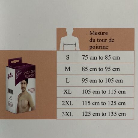 Image d'un tableau détaillant différentes tailles de support d'épaule, avec des mesures du tour de poitrine en centimètres. Les tailles vont du S (75-85 cm) au 3XL (125-135 cm). Une boîte de produit avec l'image d'un homme portant une épaulière est présentée à gauche. Le texte est en français.