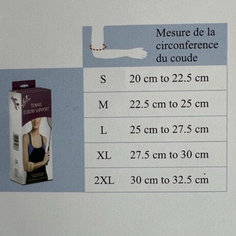 Un tableau pour mesurer la circonférence du coude en cm pour les tailles de support de tennis elbow. Tailles : S (20-22,5 cm), M (22,5-25 cm), L (25-27,5 cm), XL (27,5-30 cm), 2XL (30-32,5 cm). Une boîte avec « Tennis Elbow Support » est affichée à gauche, avec une illustration de bras. Texte français inclus.