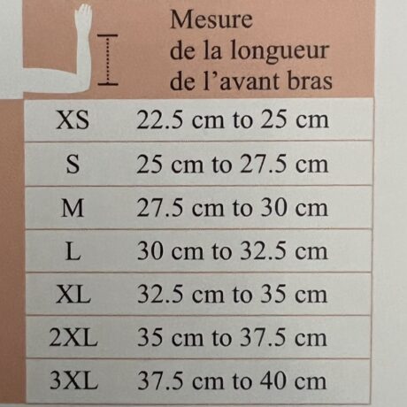 Un tableau des tailles pour les longueurs d'avant-bras en français. Il comprend les tailles XS (22,5 cm à 25 cm), S (25 cm à 27,5 cm), M (27,5 cm à 30 cm), L (30 cm à 32,5 cm), XL (32,5 cm à 35 cm), 2XL ( 35 cm à 37,5 cm) et 3XL (37,5 cm à 40 cm).