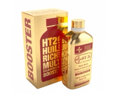 Image d'une boîte dorée et rouge et d'un flacon assorti étiqueté « HT26 Huile Riche Multi Eclaircissante 225 ml ». Le flacon comporte un capuchon doré et un texte réfléchissant mettant l'accent sur les soins de la peau.