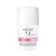 Un flacon déodorant roll-on blanc des Laboratoires Vichy. L'étiquette indique qu'il s'agit d'un anti-transpirant 48 heures pour peaux sensibles, hypoallergénique et sans alcool ni parabènes. Le texte « VICHY Déodorant Anti-Transpirant 48h 50 ml » est affiché bien en évidence.