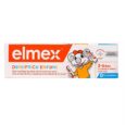 Une boîte de ELMEX Dentifrice Enfant 3 à 6 ans, étiquetée « DENTIFRICE ENFANT », conçue pour les 3 à 6 ans. L'emballage présente une souris de dessin animé se brossant les dents et indique qu'il contient du fluorure d'amine, promettant une protection contre les caries avec 0 % de colorants.