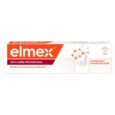 Une boîte blanche et orange de ELMEX Pate Dentifrice Anti-carie 75ml. L'encadré indique le nom du produit et mentionne sa grande efficacité dans la prévention de la carie dentaire. L'image d'une dent entourée de structures moléculaires est affichée sur le côté droit de l'emballage.