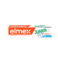 L'image montre une boîte d'ELMEX Pâte Dentifrice Junior 6 à 12 ans. L'emballage est principalement blanc avec des accents orange et vert et comporte le logo Elmex en orange. Le texte sur la boîte indique qu'elle est destinée aux enfants âgés de 6 à 12 ans et qu'elle offre une protection contre les caries.