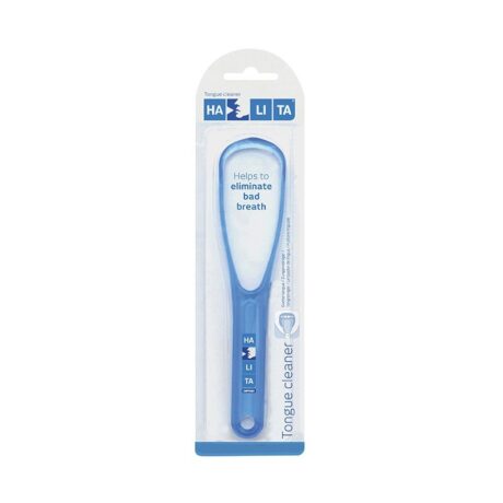 Un gratte-langue bleu emballé étiqueté « HALITA Gratte Langue Bleu ». Le texte de l'emballage indique « Aide à éliminer la mauvaise haleine » et « Nettoyant langue ».
