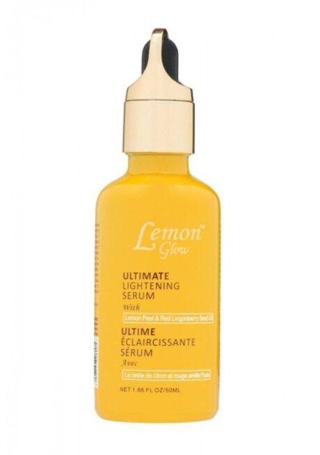 Un flacon jaune vif de « LEMON GLOW Sérum 50 ml ». La bouteille a un bouchon compte-gouttes doré et un texte détaillant le nom du produit. Il mentionne des ingrédients comme le zeste de citron et l’huile de graines d’airelles rouges. Le flacon contient 1,66 fl oz (50 ml) de sérum.