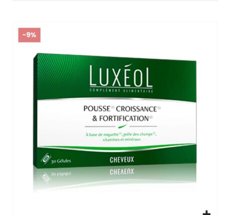 Une boîte verte et blanche de LUXEOL Capsules Pousse Croissance et Fortification Boite de 30, étiquetée « Pousse, Croissance & Fortification ». Il contient 30 capsules et contient des ingrédients comme la roquette, la prêle des champs, des vitamines et des minéraux. Une étiquette rouge indique une réduction de 9 %.