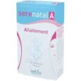 une boîte de serenatal a allaitement, un produit des laboratoires inebios. la boîte est principalement blanche avec des éléments de design et du texte bleus et roses. il indique que c'est pour 30 jours avec 60 comprimés et comporte l'image d'une plante sur le devant.