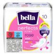 l'image montre un paquet de serviettes hygiéniques bella perfecta ultra rose. l'emballage est principalement blanc et rose, avec les mots « bella perfecta » en bleu et « ultra rose » en rose. il met en évidence des caractéristiques telles que « deo fresh », « extra doux » et « respirant ». le paquet contient 10 tampons.