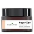un pot marron foncé de "super eye cream moisturizer" de biobalance. l'étiquette indique qu'il contient 91 % d'ingrédients d'origine naturelle. le pot a un couvercle noir et « biobalance » est écrit en vert et noir sur l'étiquette avec le slogan « back to nature » en dessous.