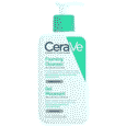une bouteille de 8 fl oz (236 ml) de nettoyant moussant cerave avec une pompe blanche. l'étiquette indique qu'il est destiné aux peaux normales à grasses, qu'il est sans parfum et qu'il contient des céramides essentiels, de la niacinamide et de l'acide hyaluronique. le texte est en anglais et en français.