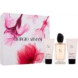 un coffret cadeau de parfum giorgio armani sì comprenant un coffret décoré de fleurs, un flacon de 100 ml d'eau de parfum sì, un flacon de 75 ml de lotion pour le corps sì et un flacon de 75 ml de gel douche sì. les produits sont disposés devant la boîte, mettant en valeur l’élégant packaging.