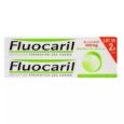 image d'un emballage de dentifrice fluocaril. l'emballage est majoritairement blanc avec du texte vert et noir. il précise « 250 mg » et « menthe, pâte dentifrice » en français. la boîte présente également une promotion pour un pack de deux tubes contenant chacun 75 ml.