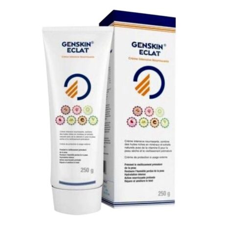 image d'un tube et d'une boîte de crème genskin eclat. le tube blanc comporte un logo et un texte bleus et orange, ainsi que des cercles colorés vers le bas. la boîte a un design similaire, avec un texte descriptif supplémentaire sur le produit. le poids est indiqué à 250 g.