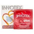 un paquet de préservatifs lubrifiés innotex plus s'affiche. l'emballage est majoritairement blanc avec des accents rouges et orange, avec un motif en forme de cœur. le texte est en français, mettant en avant la protection du produit contre les infections sexuellement transmissibles et le sida.