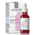 une boîte et une bouteille de sérum la roche posay retinol b3 sont présentées. le flacon est rouge avec un bouchon compte gouttes blanc et la boîte contient un texte sur la réduction des rides profondes, des photodommages et du teint irrégulier. le produit contient du rétinol pur, de la vitamine b3 et de la glycérine. .
