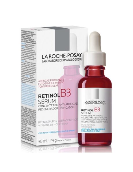 une boîte et une bouteille de sérum la roche posay retinol b3 sont présentées. le flacon est rouge avec un bouchon compte gouttes blanc et la boîte contient un texte sur la réduction des rides profondes, des photodommages et du teint irrégulier. le produit contient du rétinol pur, de la vitamine b3 et de la glycérine. .