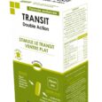 une boîte verte et blanche du complément alimentaire "transit double action" de nutrigée. la boîte contient un texte en français détaillant les ingrédients, les instructions d'utilisation et les avantages tels que la stimulation de la digestion et la promotion d'un ventre plat. le produit est biologique et fabriqué en france.