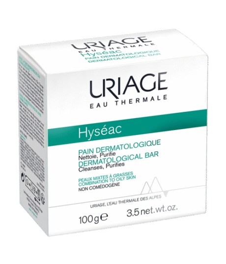 une boîte blanche de pain dermatologique uriage eau thermale hyseac. il est labellisé pour nettoyer et purifier, adapté aux peaux mixtes à grasses. la boîte contient 100 g (3,5 oz) de produit.