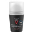 Un Déodorant Homme Anti-transpirant VICHY cylindrique noir 50 ml avec un capuchon blanc. L'étiquette avant comporte un texte « V » rouge indiquant une protection de 48 heures et une adéquation aux peaux sensibles. La taille du récipient est indiquée comme étant de 50 ml.
