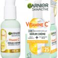 image d'un ensemble de produits garnier skinactive vitamine c + sérum crème, comprenant un flacon et son emballage. le flacon est doté d'un distributeur à pompe et l'emballage met en évidence « vitamine c », « 2 en 1 booster d'éclat » et une étiquette spf 25 avec des images d'oranges.