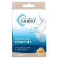 image d'une boîte de pansements imperméables des laboratoires gilbert. l'emballage est principalement bleu et blanc, avec un graphisme représentant des éclaboussures d'eau sur des bandages. le texte indique que les bandages sont respirants, lavables et résistants à l'eau. contient 20 pansements.