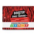 emballage d'un produit avec un motif rayé rouge et noir. le texte inscrit dessus est le suivant : « booster gmax taurine+ goût orange ! » il contient des ingrédients tels que du ginseng, de la caféine, de la vitamine b6, de la taurine, du guarana, du gingembre et de la gelée royale. contient 30 ampoules.