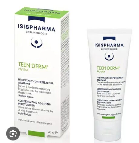 une image de l'emballage du produit isispharma dermatologie teen derm hydra. À gauche, une boîte au design vert et blanc, et à droite, un tube blanc avec une marque et un texte similaires. le produit est un hydratant apaisant compensateur pour les peaux à tendance acnéique.