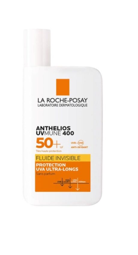 un flacon blanc de crème solaire anthelios uvmune 400 de la roche posay est présenté. il offre une protection spf 50+, est étiqueté « fluide invisible » et offre une protection uva et uvb. le flacon comporte un petit rectangle orange et du texte en noir et orange.