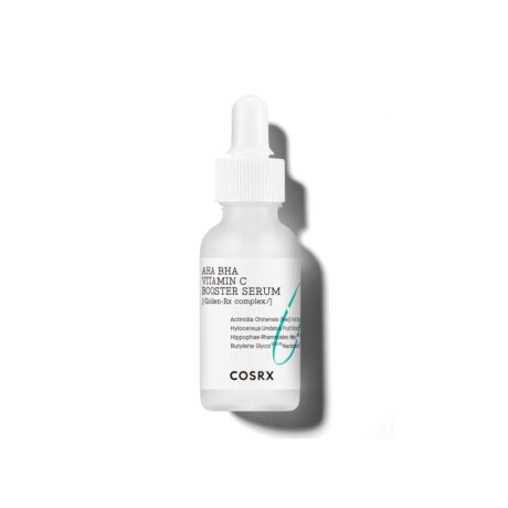 un flacon compte gouttes blanc étiqueté « cosrx aha bha vitamin c booster serum » se dresse sur un fond uni. le flacon a un bouchon blanc et présente un design minimaliste avec un texte détaillant son contenu.