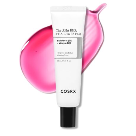 un tube blanc de cosrx aha bha pha lha 35 peel est présenté sur un fond rose brillant. le produit met en valeur le panthénol (b5) et la vitamine b12, avec les avantages d'une texture de peau améliorée et de pores débouchés.