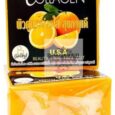 un emballage de savon rectangulaire orange avec des images d'oranges et de feuilles vertes. le texte sur l'emballage est principalement en thaï, avec le mot « collagen » en anglais bien visible. l'emballage porte également le mot « new » en rouge et un logo représentant une tête de chèvre blanche.
