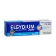 une boîte de dentifrice elgydium junior pour les enfants de 7 à 12 ans, au goût de bulles. l'emballage est bleu avec un personnage de dessin animé et précise une formule améliorée avec 1400 ppm de fluorinol pour la protection contre les caries.
