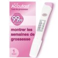 emballage de test de grossesse rose et blanc avec un bâtonnet de test comportant deux lignes. le texte comprend « accufast », « test de grossesse », « 99,99 % de précision » et « surveiller les semaines de grossesse ».