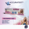 boîte de tests de grossesse accuratest avec une femme souriante tenant un test au premier plan. le texte indique : « haute sensibilité, résultat rapide, 99,9 % précis » et « résultats en seulement 1 minute ».