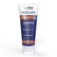 un tube de shampooing réparateur keratin+ d'arko pharma forcapil est exposé. l'emballage est bleu et blanc, avec un texte en français et en anglais. l'étiquette met en valeur la kératine, et le produit est destiné à la réparation des cheveux, avec une capacité de 200 ml.