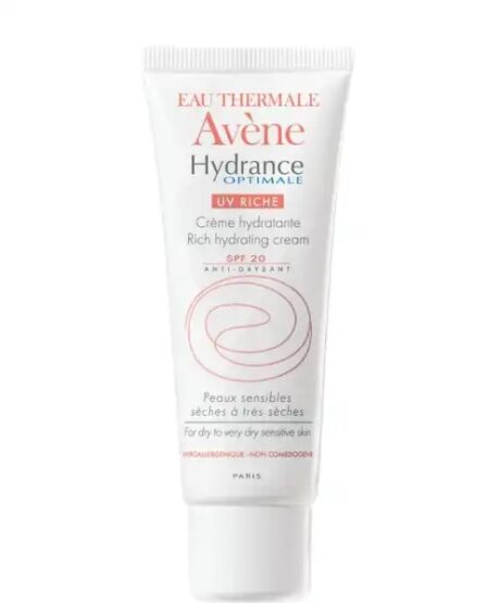un tube de crème avene hydrance optimale uv riche est présenté. le produit est une crème hydratante riche avec spf 20, conçue pour les peaux sensibles sèches à très sèches. l'emballage est principalement blanc avec du texte rouge et gris.