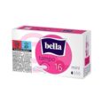 une boîte de tampons bella. l'emballage est principalement blanc avec des touches de rose, avec le logo bella et les mots « tampon mini 16 ». des icônes indiquent que le produit est sans plastique et respectueux de l'environnement.