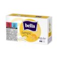 boîte de tampons bella, étiquetée « tampo » et « 16 regular » avec une icône d'absorption représentant trois gouttes. le design comprend un logo sans plastique et un fond circulaire jaune.