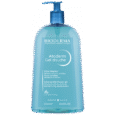 flacon transparent de bioderma atoderm gel douche au bouchon bleu, étiqueté comme un gel douche ultra doux de 1 litre pour peaux sensibles normales à sèches. les descriptions en français et en anglais mettent en avant ses propriétés nettoyantes, adoucissantes et protectrices.