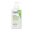 un flacon de nettoyant moussant hydratant cerave avec un bouchon à pompe. l'étiquette est verte et blanche, avec un texte en français, notamment « crème moussante nettoyante hydratante » et indiquant qu'il est destiné aux peaux normales à sèches. la taille du flacon est de 8 fl oz/236 ml.