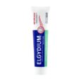 tube de dentifrice elgydium pour gencives irritées au design blanc, rouge, bleu et vert. le texte met en avant ses propriétés apaisantes et il contient des polyphénols d'avoine rhealba.