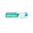 image d'une boîte de dentifrice elmex sensitive. l'emballage est blanc et bleu sarcelle, avec le logo elmex et un texte indiquant qu'il est destiné aux dents sensibles et contient du fluor. il est également indiqué « 0 % de colorants » sur le côté.